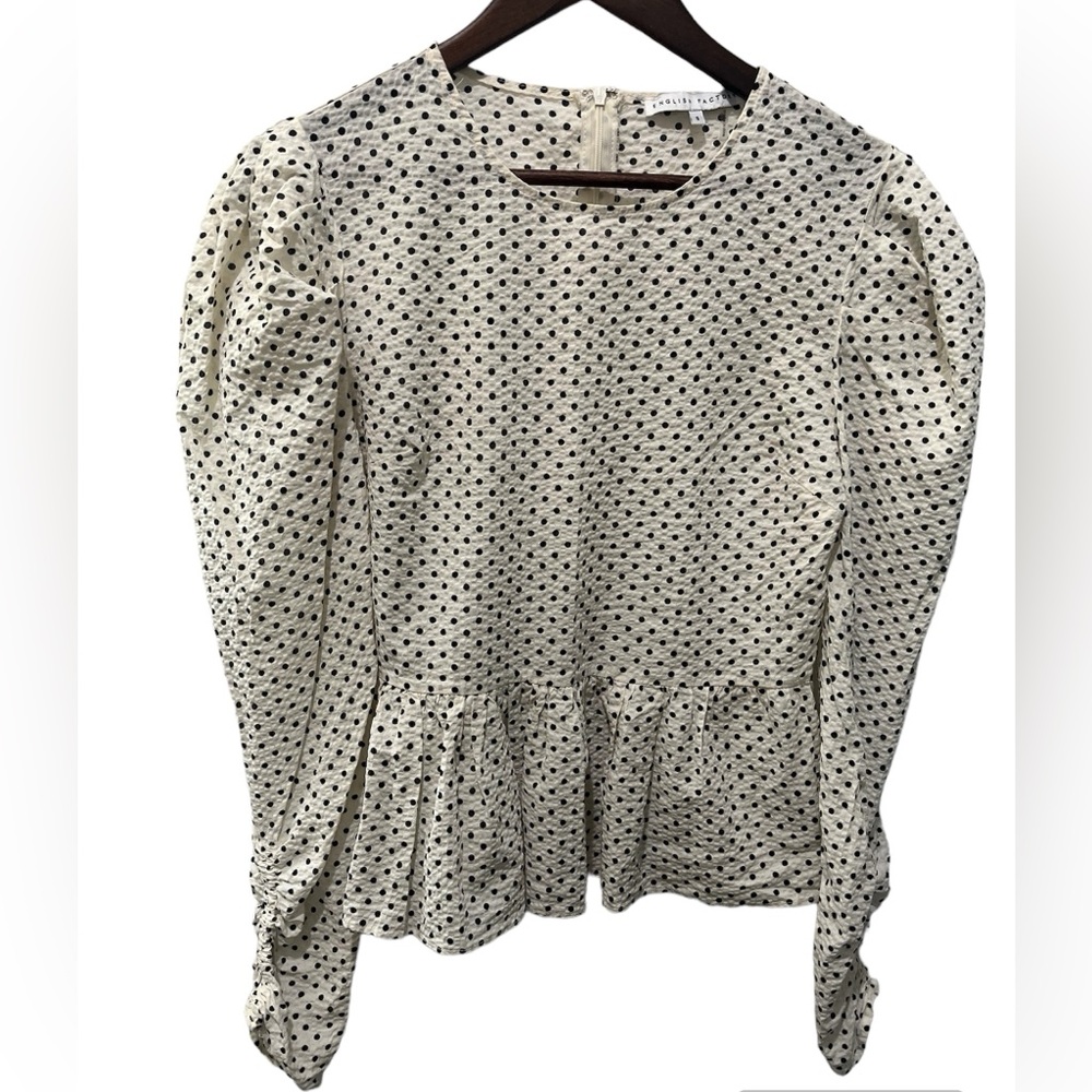 ENGLISH FACTORY WHITE BLACK POLKA DOT PUFF LONG RUCHED SLEEVE BLOUSE - Picture 2 of 9